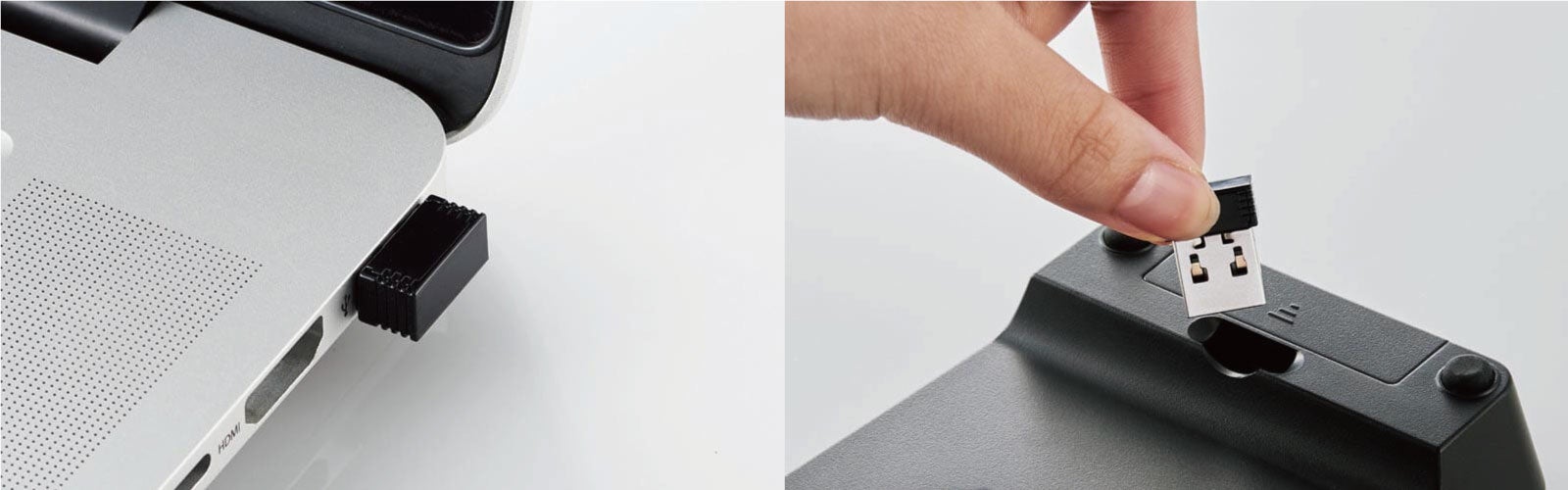 ▲ 挿したままでも邪魔にならない コンパクトサイズのレシーバー、未使用時には本体背面に収納も可能