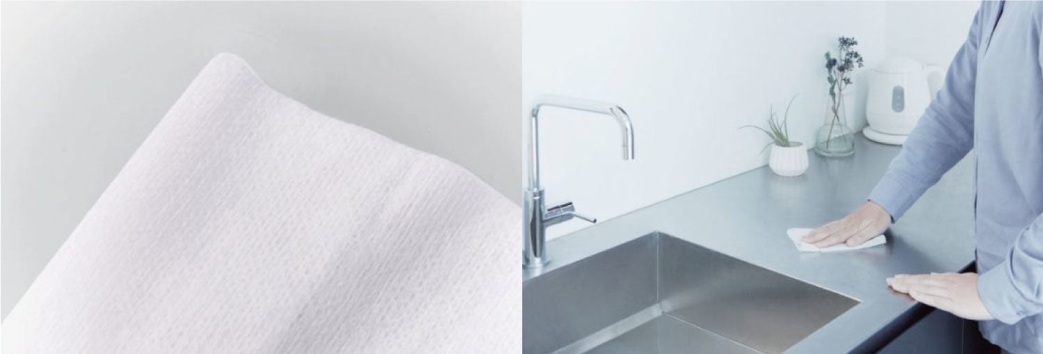 柔らかい凸凹メッシュ加工の不織布で一枚でしっかりふき取り