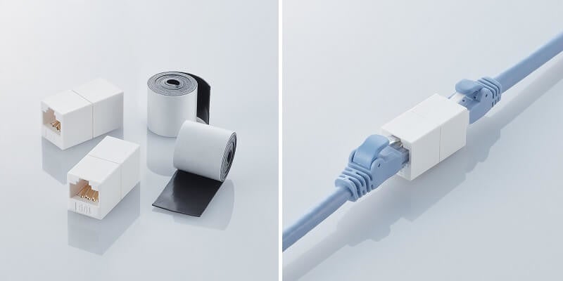 左:中継コネクターと簡易防水テープ 右:中継コネクター使用例
