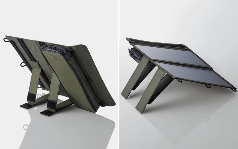 ▲ 発電効率を最大にする広角度スタンド付属。太陽の位置に合わせて幅広い角度に対応可能