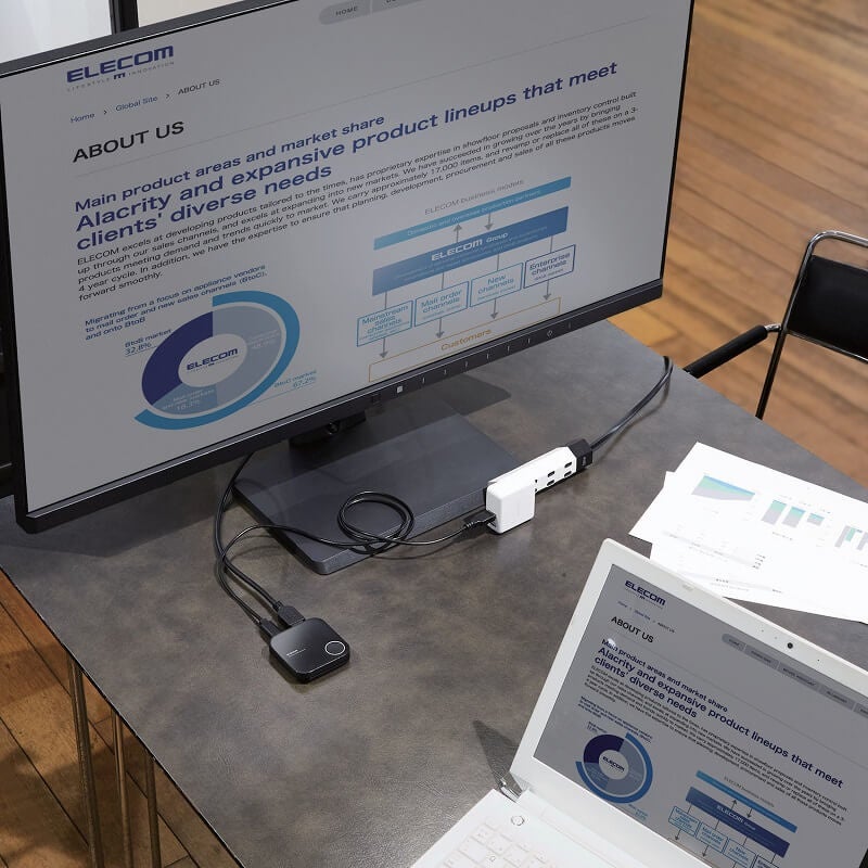 会議のプレゼン、授業の教材など、パソコンの映像を 大型ディスプレイにワイヤレスで表示可能
