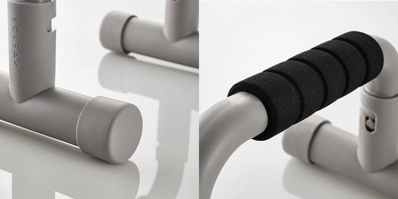 床を傷つけにくいゴム素材(左)、手にフィットしやすいソフトグリップ(右)