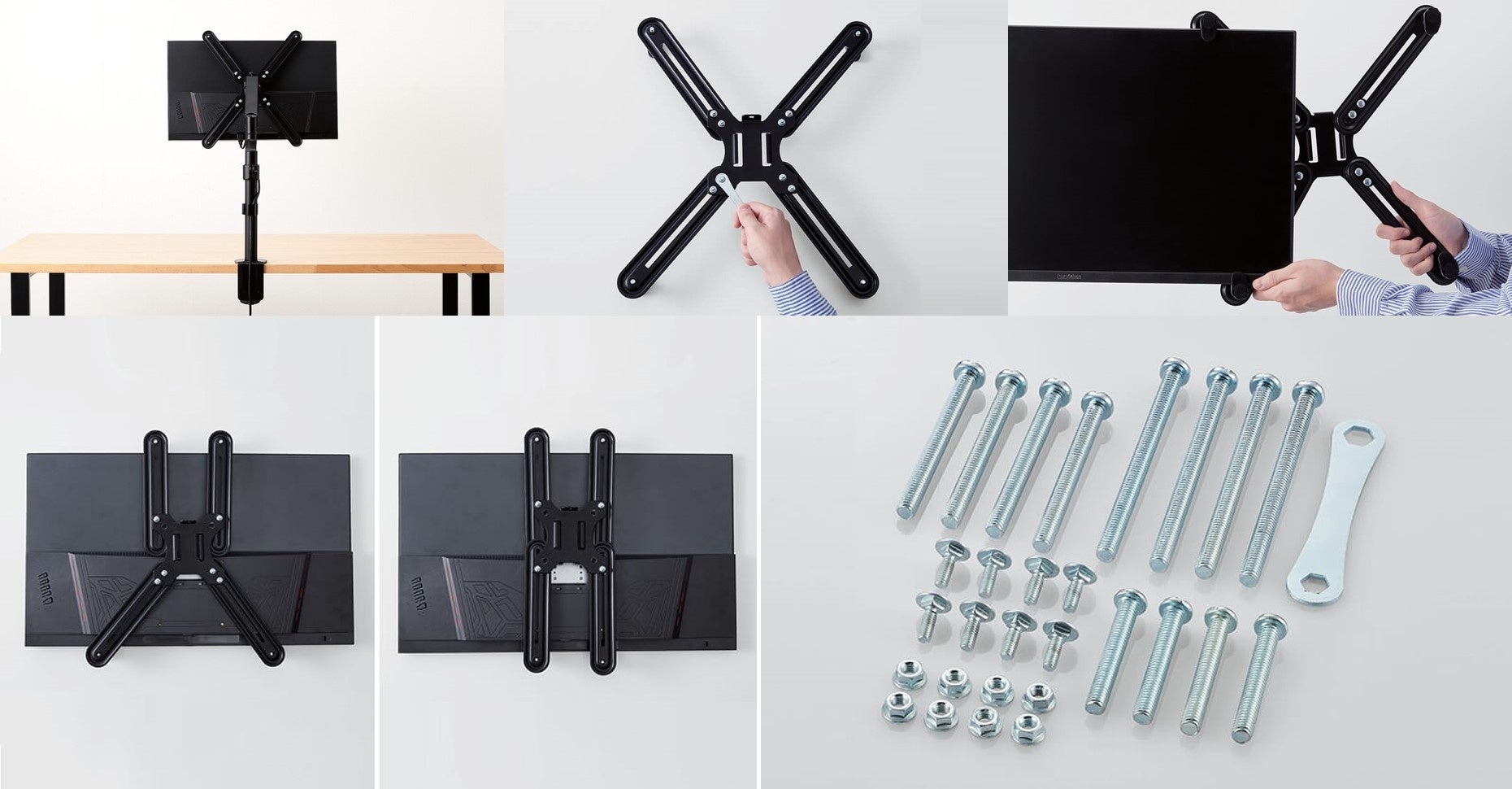 VESA穴がない13～27インチのモニターを、モニターアームに装着できる