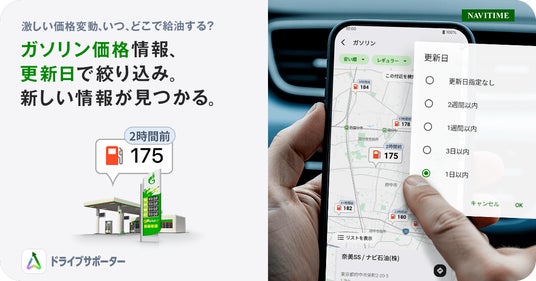 『NAVITIMEドライブサポーター』ガソリン価格検索、1日以内に更新した価格での絞り込みが可能に 『NAVITIMEドライブサポーター』ガソリン価格検索、1日以内に更新した価格での絞り込みが可能に