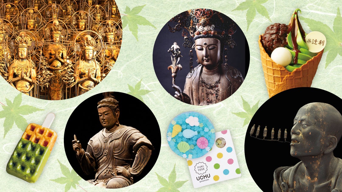 左上： 千体千手観音像 (三十三間堂)、右上 ：楊貴妃観音像 (泉涌寺)  左下：帝釈天騎象像 (東寺)、 右下：空也上人立像 (六波羅蜜寺)