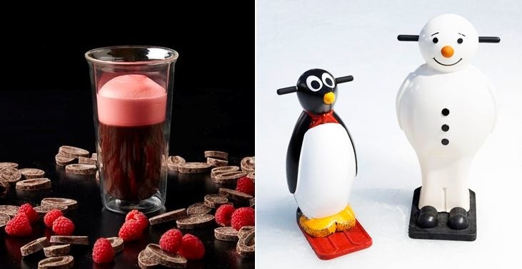 ▲左：カフェ＆グルメチケットメニュー例 ザ・リッツ・カールトン カフェ＆デリ（ホットチョコレート ラズベリーエスプーマ）　右：そりのレンタルも人気　平日限定(11：00～19：00)