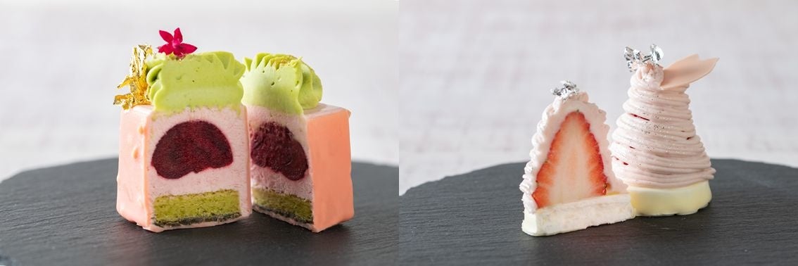 ▲(左)桜香るムース チェリーコンポート ピスタチオクリーム (右)丸ごとストロベリーモンブラン