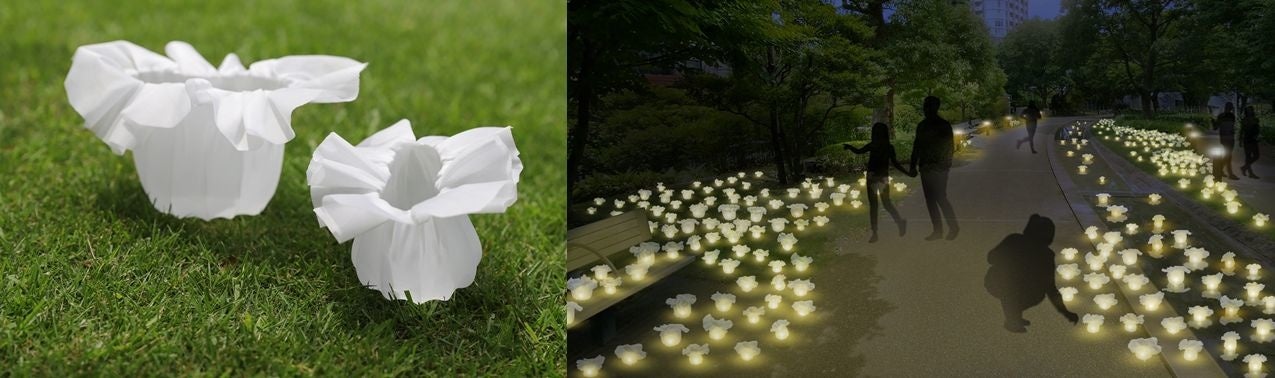 ▲ミッドタウン・ガーデンの環境と調和しながら存在する花のようなオブジェ。夜には約2,000個のオブジェがほのかに灯る幻想的な空間をお楽しみいただけます（イメージ）