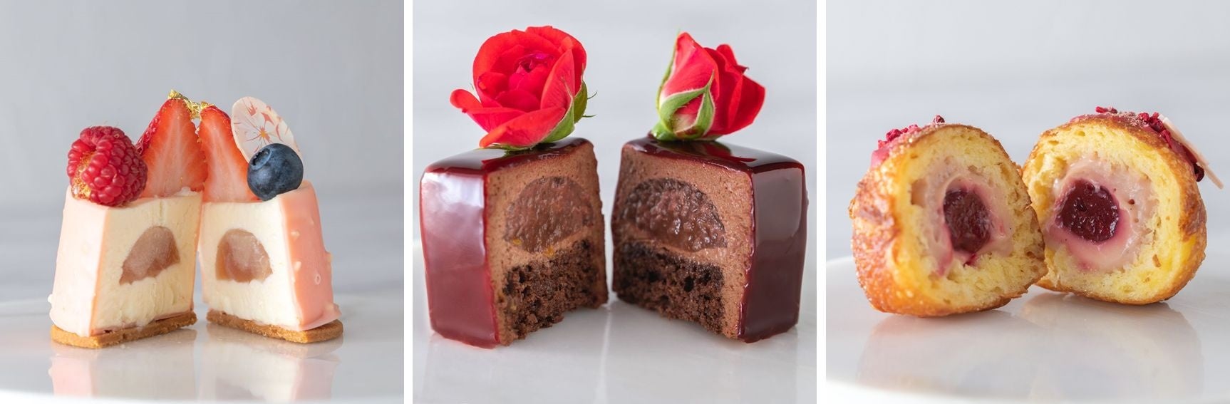 ▲(左)赤い果実と桃のカクテルフロマージュ、(中央)大人の赤ワインと無花果のムースショコラ、(右)~フランボワーズドーナッツ~柔らかい酸味と桜香る春のクリーム