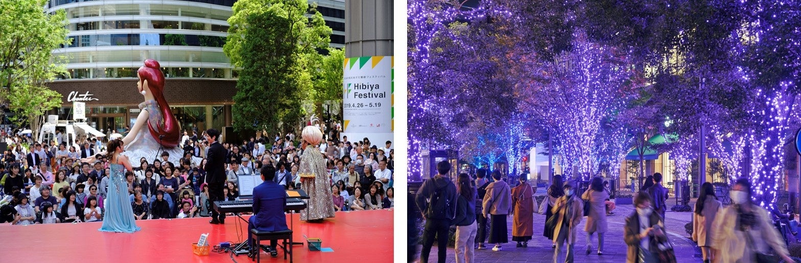 Hibiya Festival（写真左）やHIBIYA Magic Time Illumination（写真右）の開催により、日比谷エリアに賑わいを創出