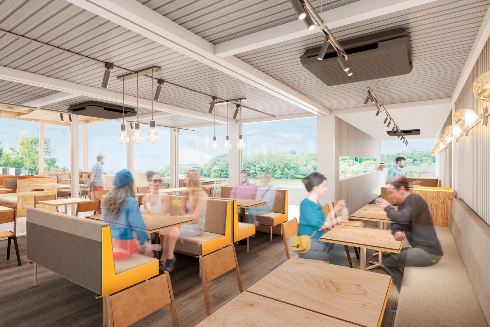 心地よさを大切にした店内。奥には大池の水辺が広がる