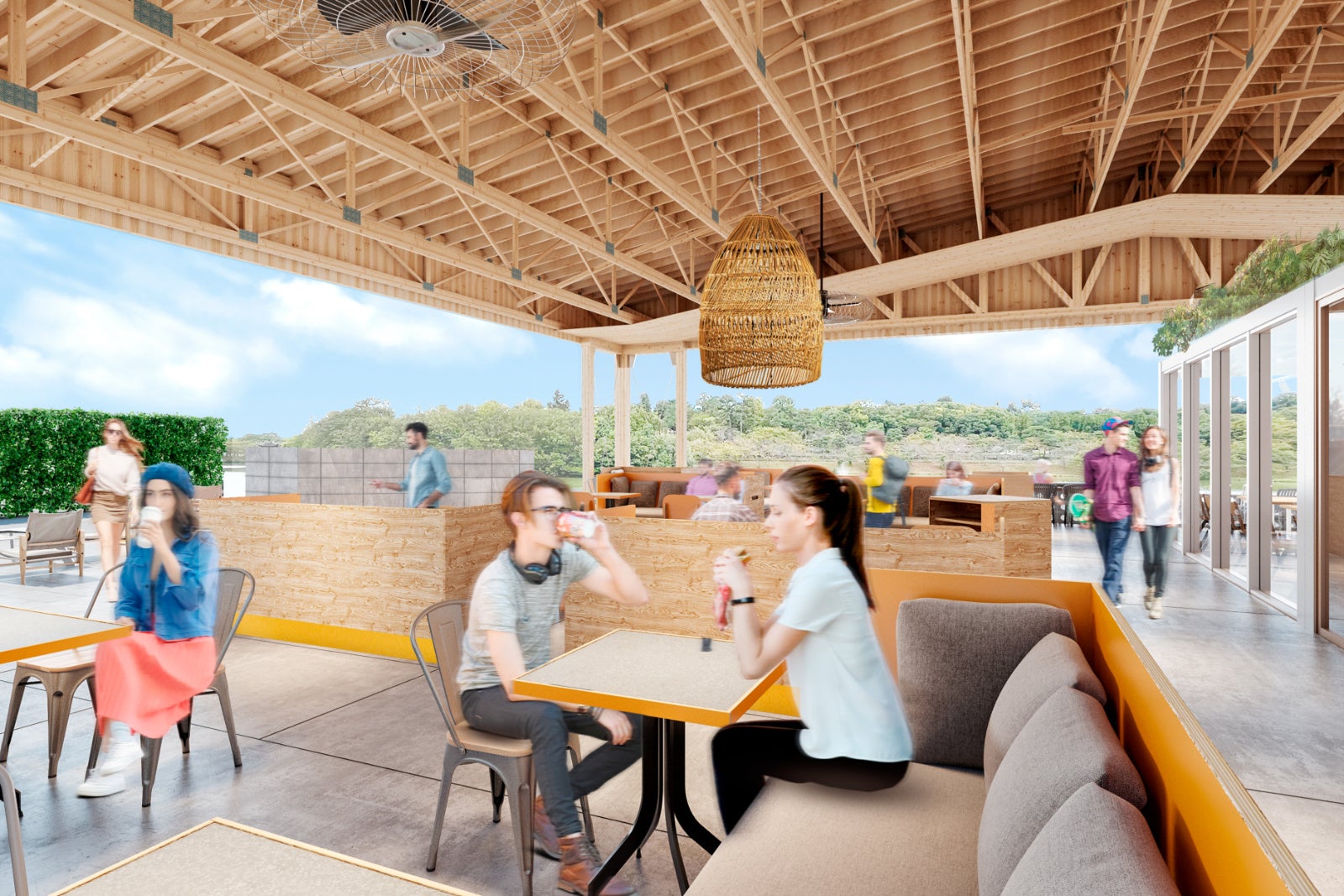 半屋外で圧倒的な開放感。大きな屋根の下のテラスエリア