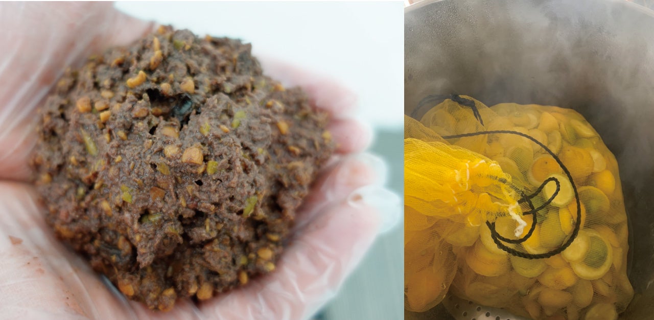 （写真左：オリーブ果実の搾りかす）（写真右：レモンの蒸留加工の様子）