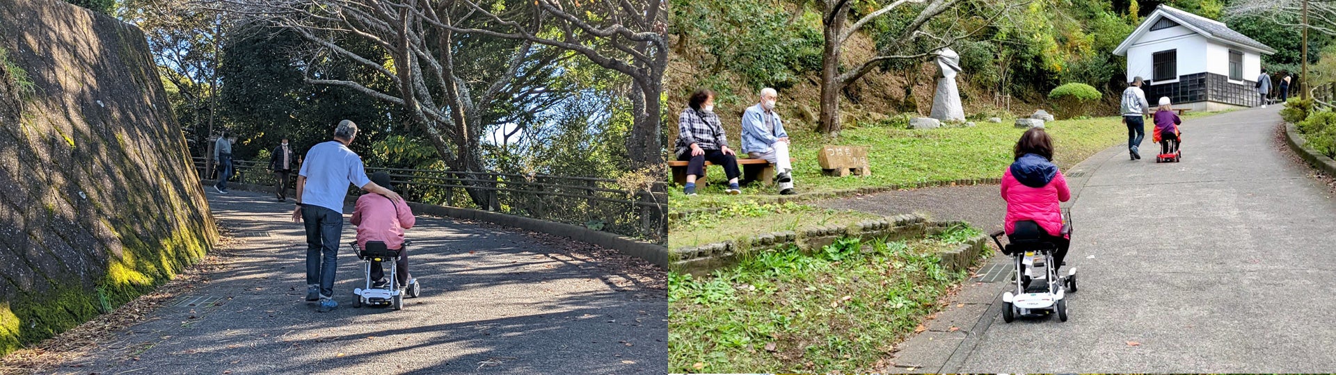 左）スタッフによる寄り添いながらの試乗会運営　右）上り坂の途中で休憩する人の前を楽々と走行