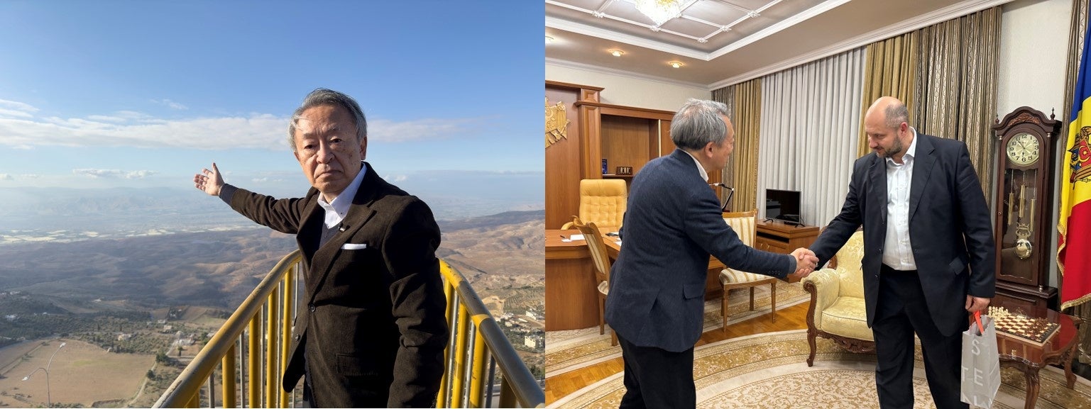 ヨルダン国内からパレスチナ自治区を望む池上彰　　　　　　モルドバ　エネルギー担当大臣と池上彰