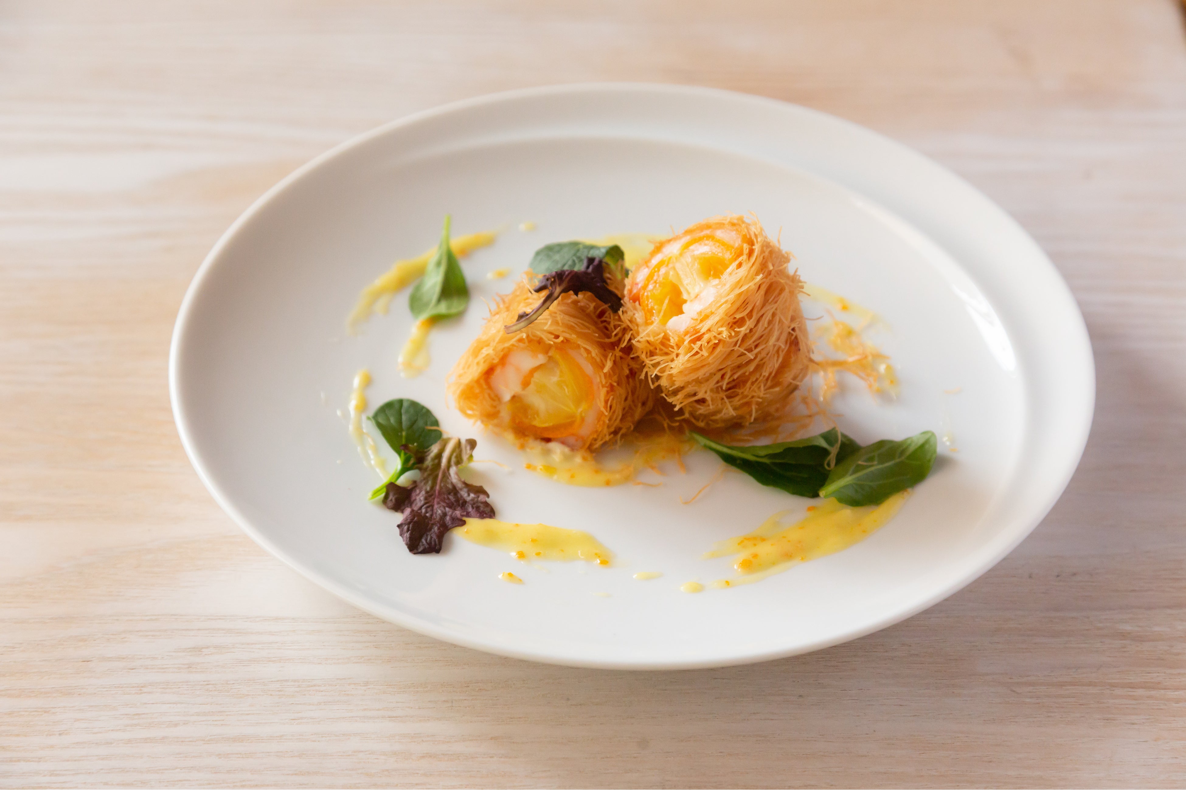 きんかん『たまたま』と海老のカダイフ巻き揚げ