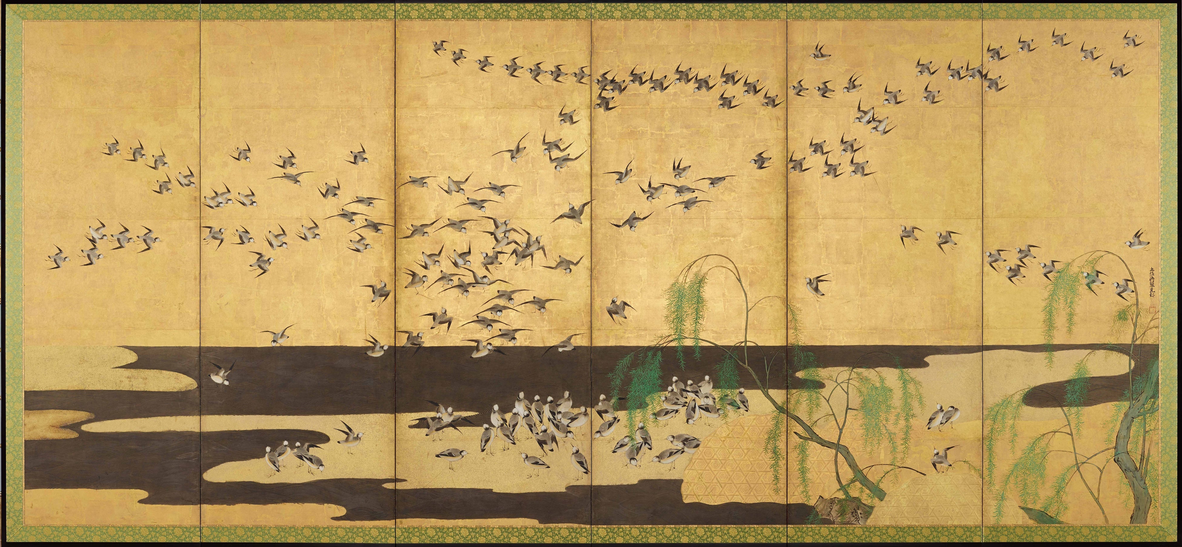 土佐光起筆　磯千鳥図屏風（右隻）（福岡市美術館所蔵）