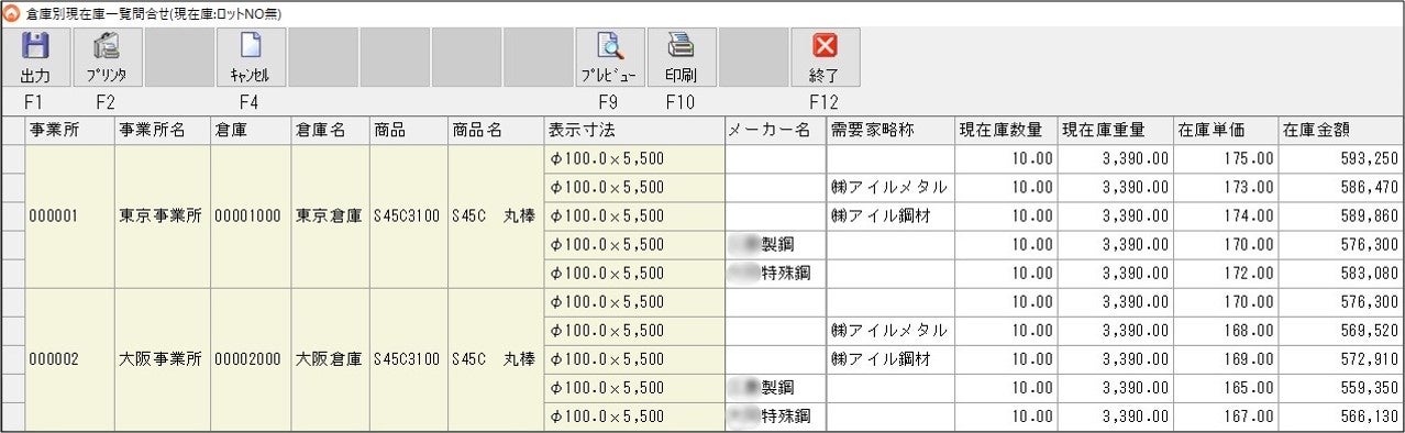 在庫一覧表。倉庫別に加え、事業所・需要家・メーカー別での在庫管理に対応。
