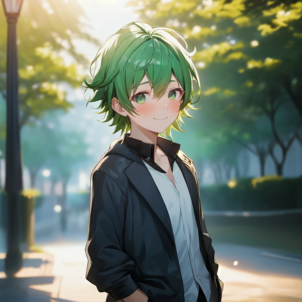 「照れた表情の緑髪の少年」