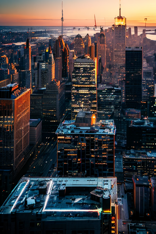 「夕日に照らされた都市」