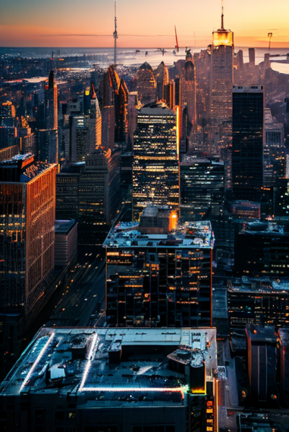 夕日に照らされる都市