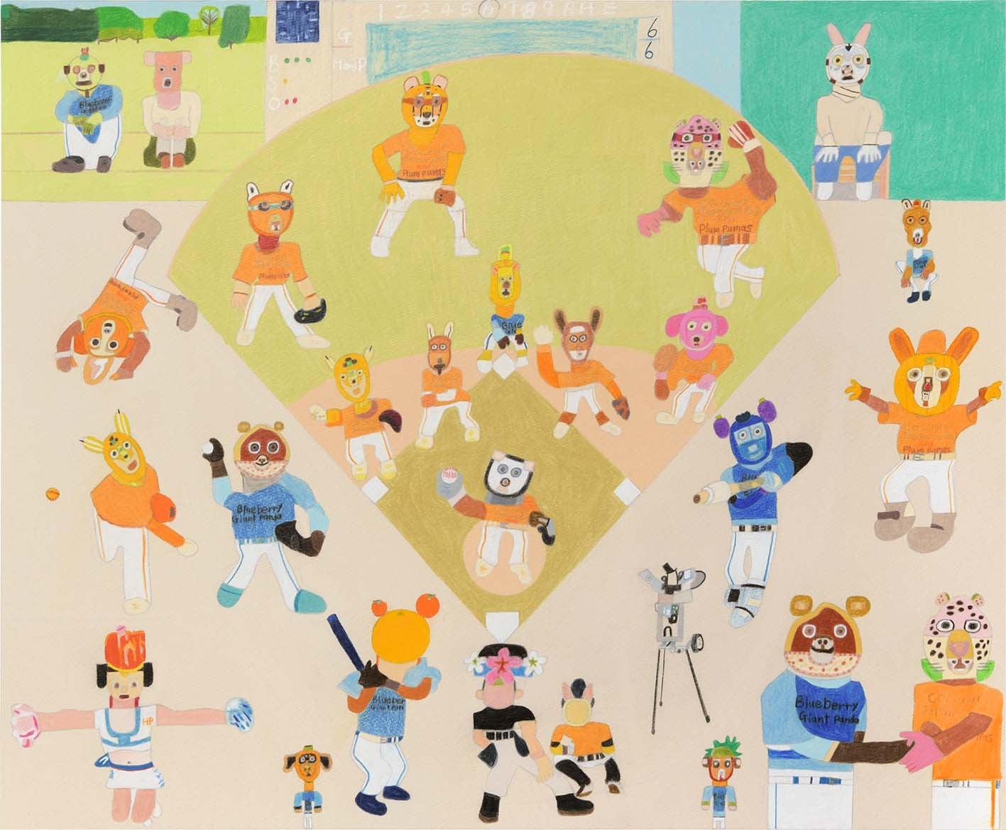 野球 ココナッツホンドギツネ アンド ウメピューマズ VS ブルーベリー ジャイアントパンダ　鉛筆、色鉛筆／紙　2022　500×606 mm