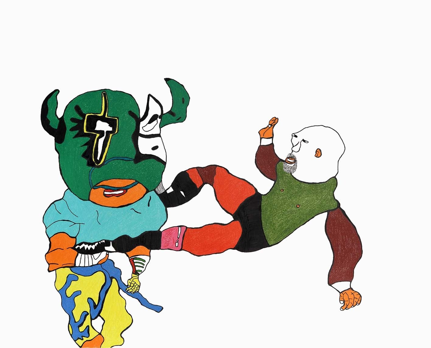 延髄蹴り　ペン、色鉛筆／キャンバス　2022　803 × 1000 mm