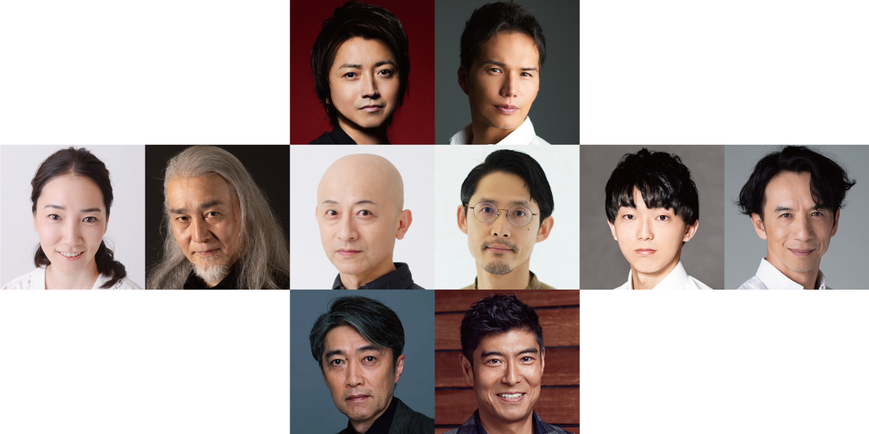 1段目左より）藤原竜也、市原隼人／2段目左より）尾上紫、廣田高志、植本純米、古河耕史、斉藤莉生、今井朋彦／3段目左より）池田成志、髙嶋政宏