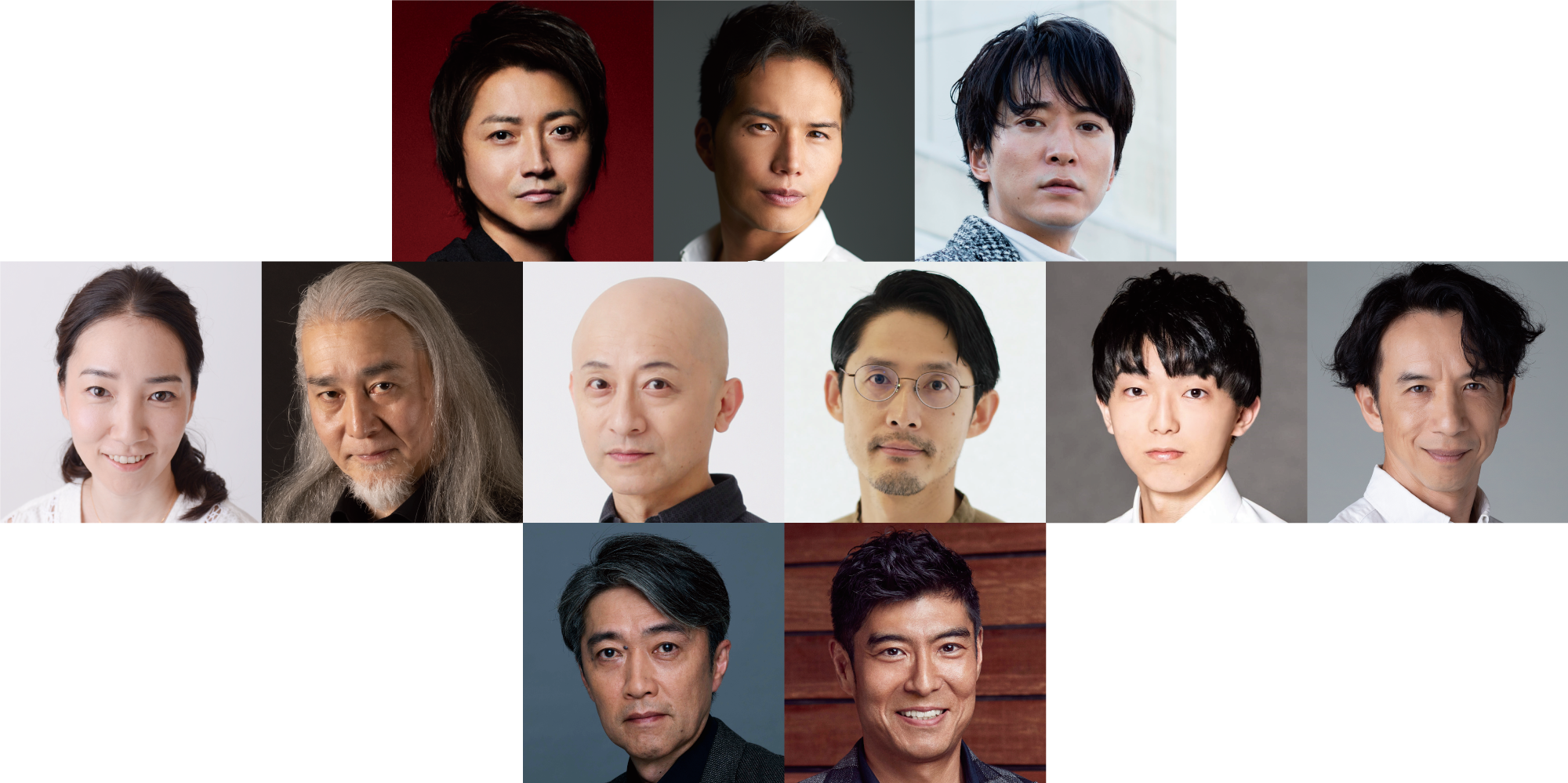 1段目左より）藤原竜也、市原隼人、浅香航大／2段目左より）尾上紫、廣田高志、植本純米、古河耕史、斉藤莉生、今井朋彦／3段目左より）池田成志、髙嶋政宏