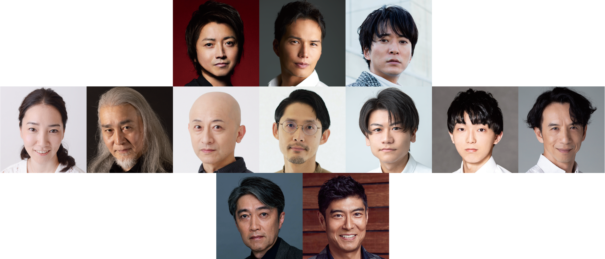 1段目左より）藤原竜也、市原隼人、浅香航大／2段目左より）尾上紫、廣田高志、植本純米、古河耕史、深澤 嵐、斉藤莉生、今井朋彦／3段目左より）池田成志、髙嶋政宏