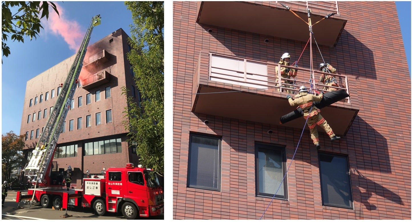 ▲逃げ遅れた人をはしご車で救出　　　　　　　　▲5階から救出の様子