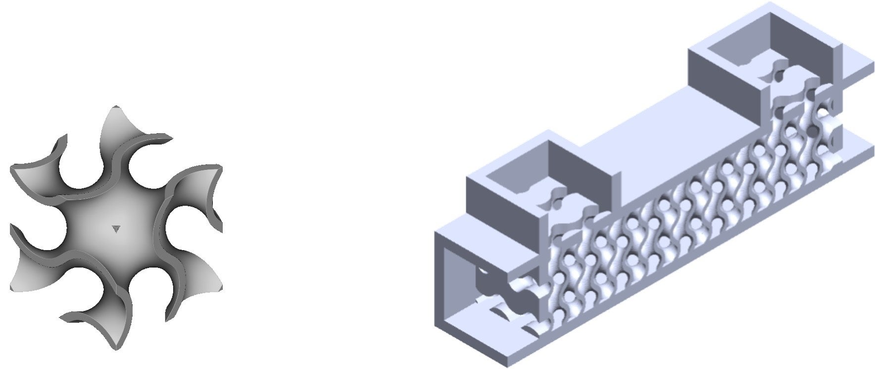 左：１周期分のジャイロイド構造、　右：ジャイロイド構造を用いた熱交換器のカットモデル