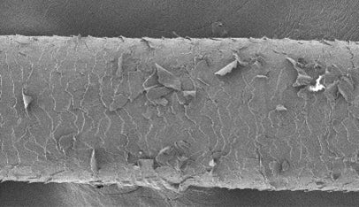 大気中の微粒子汚れにさらされてキューティクル崩れが起きている毛髪の拡大図