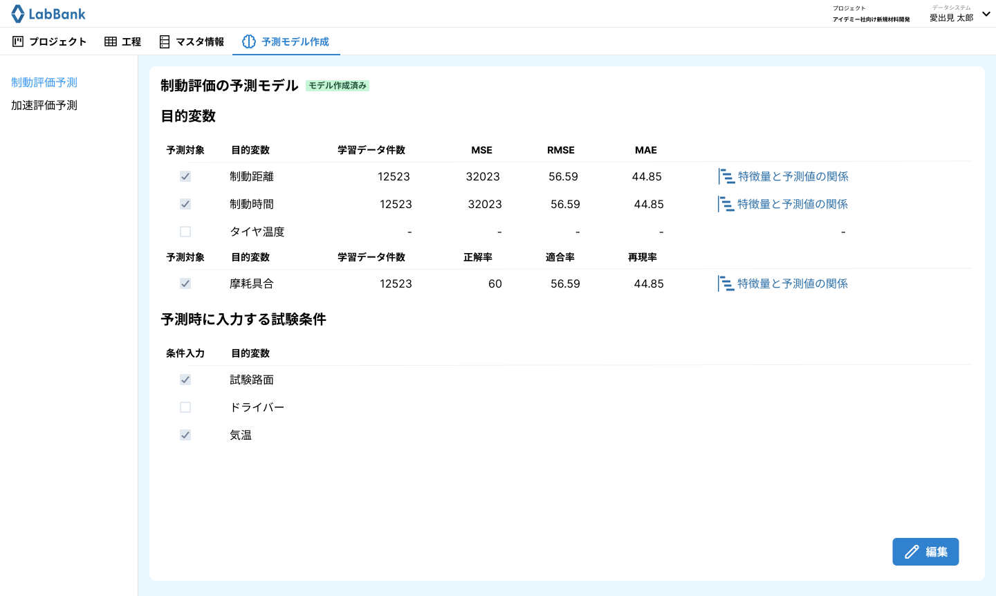 ▲モデルの構築画面。ユーザーが目的変数を自由に選択することができます。