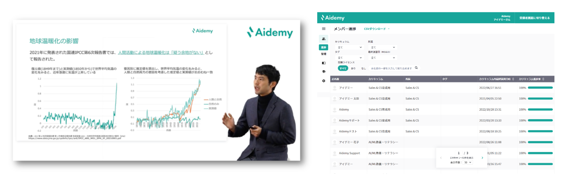 Aidemyの画面の例（左：Aidemy GXの実際のコースの様子, 右：利用者向けの管理画面イメージ）