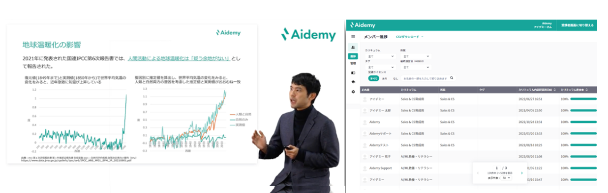 Aidemyの画面の例（左：Aidemy GX｜法人向けの実際のコースの様子, 右：利用者向けの管理画面イメージ）