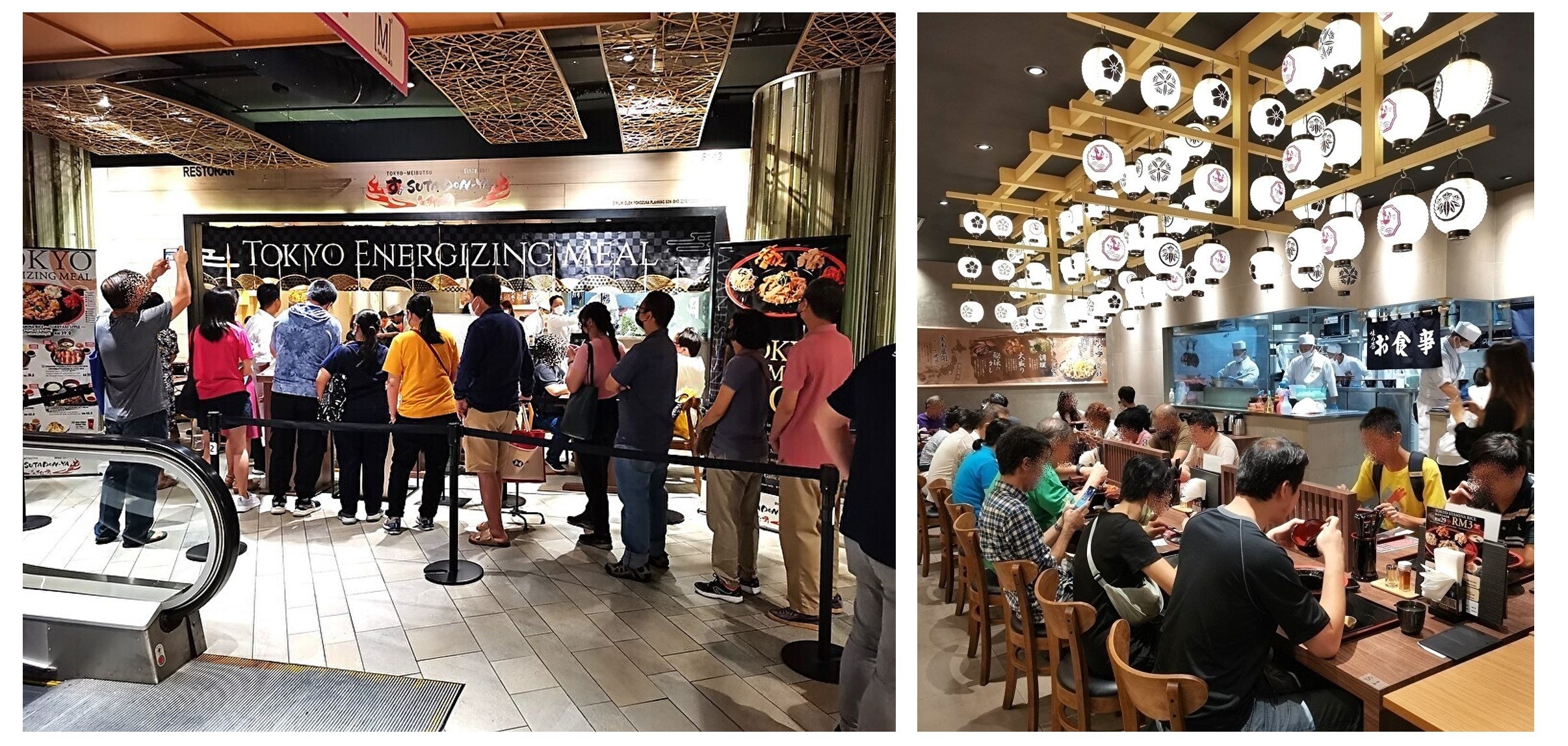 左：店前の行列の様子　　右：店内が混み合う様子