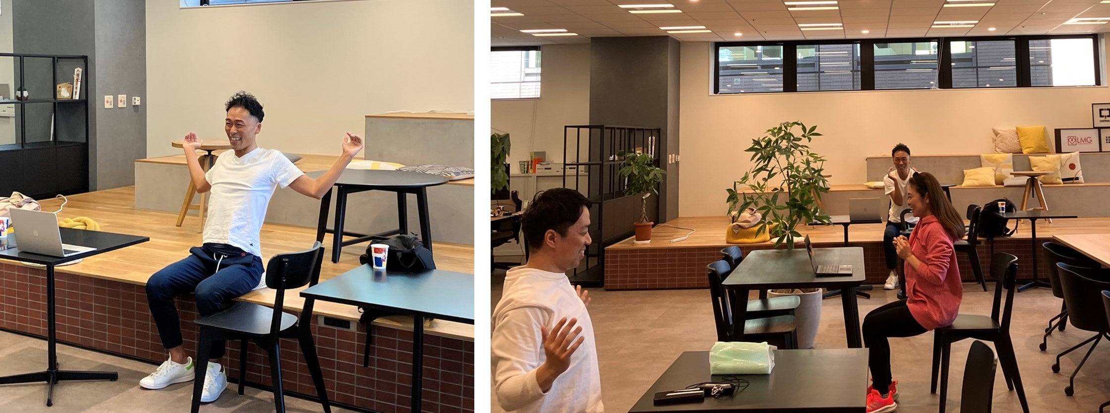 オンライン／オフラインのハイブリッド開催（左：トレーナー真鍋氏　右：オフライン参加社者の様子）