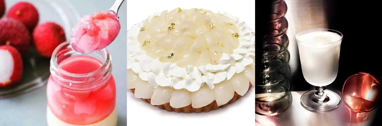 「新富ライチプリン」（写真左：宮崎県『南国プリン』）、「宮崎県新富町産“生ライチ”のケーキ」（写真中央：東京都『カフェコムサ』）、「国産ライチ×ココナッツのペインキラー ～Bar石の華オリジナル・レシピ～」（写真右：東京都『BAR 石の華』）