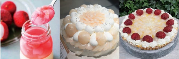▲左から、宮崎県『南国プリン』様の「新富ライチプリン」、東京都『カフェコムサ』様の「宮崎県新富町産“生ライチ”のケーキ」、愛知県『ラヴェニューシャンゼリゼ』様の「宮崎県新富町産“生ライチ”のタルト」