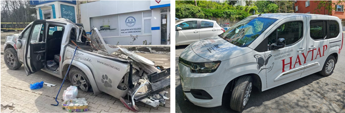 ▲余震で壊れてしまった車／新たに購入された車 ©Haytap