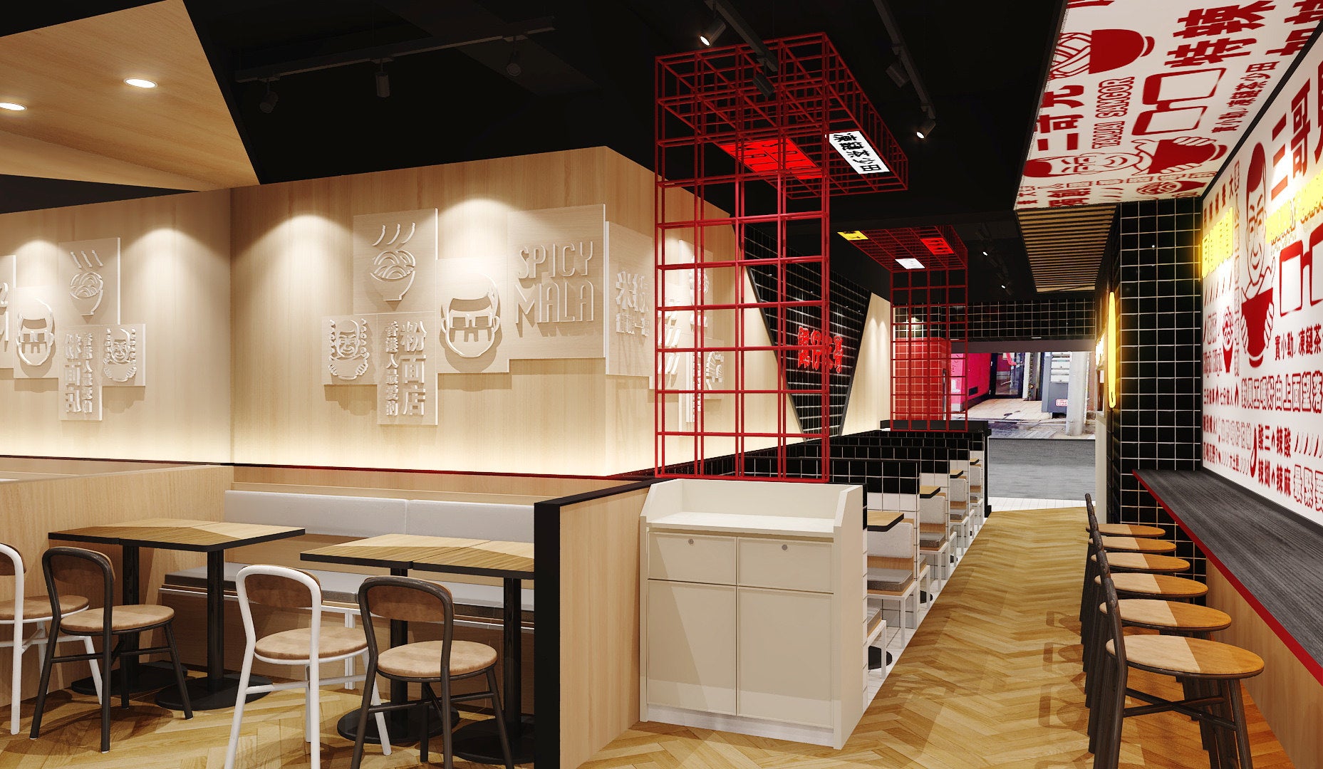 一階客席：ボックス席とお一人で食べやすいカウンター席もご用意しました