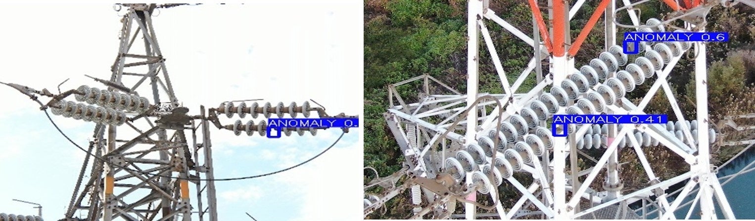 がいし異常検出 ※上記電線損傷画像は、画像編集ソフトで模擬作成しております