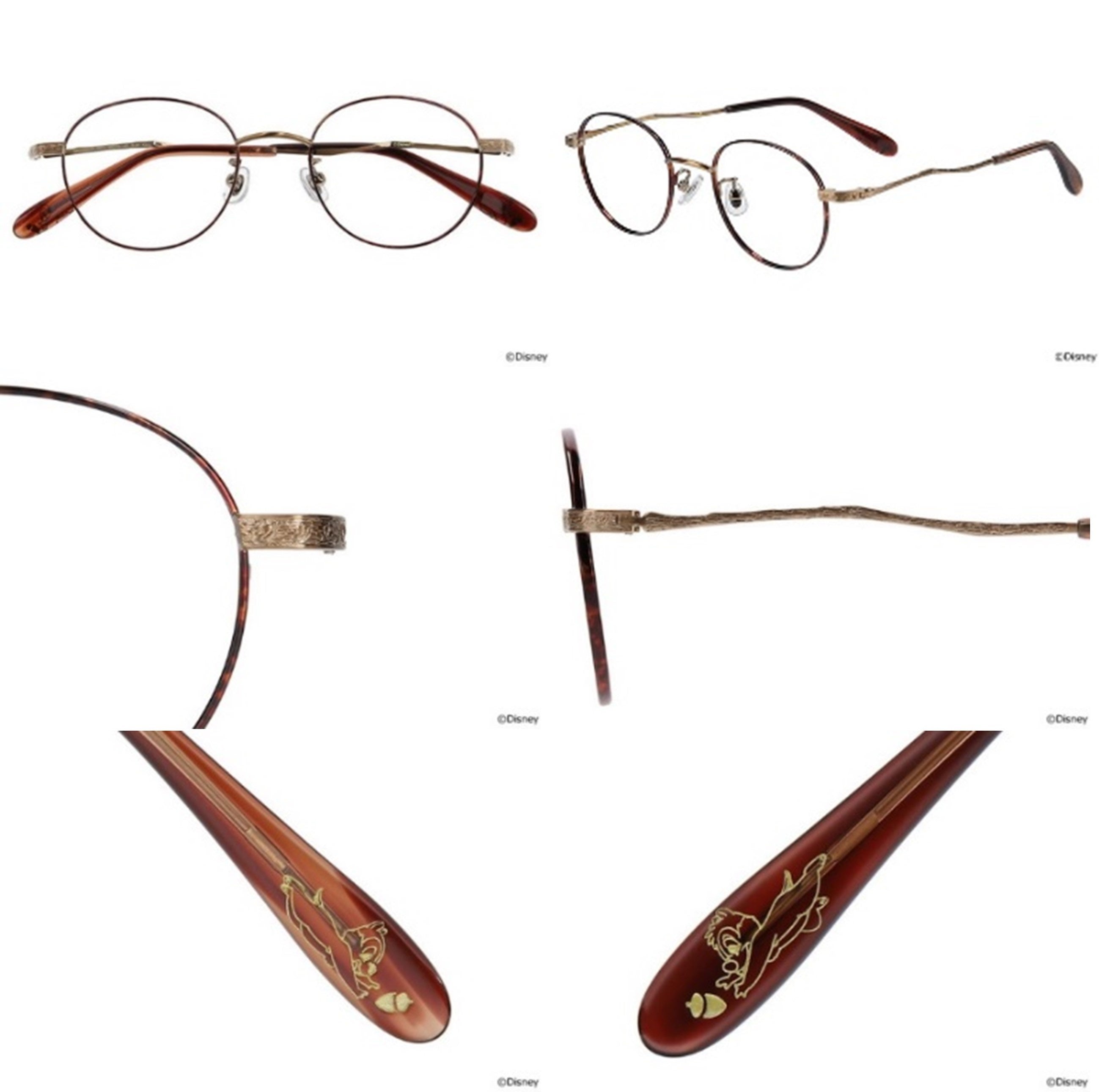 木の枝のようなテンプルの先には、どんぐりに飛びつくチップ&デールのイラストをあしらい、いたずら好きでやんちゃな様子を表現した楽しいデザイン。躍動感あるキャラクターアートは、ファンにも大好評。フロントの木の葉柄の彫金もポイントです。