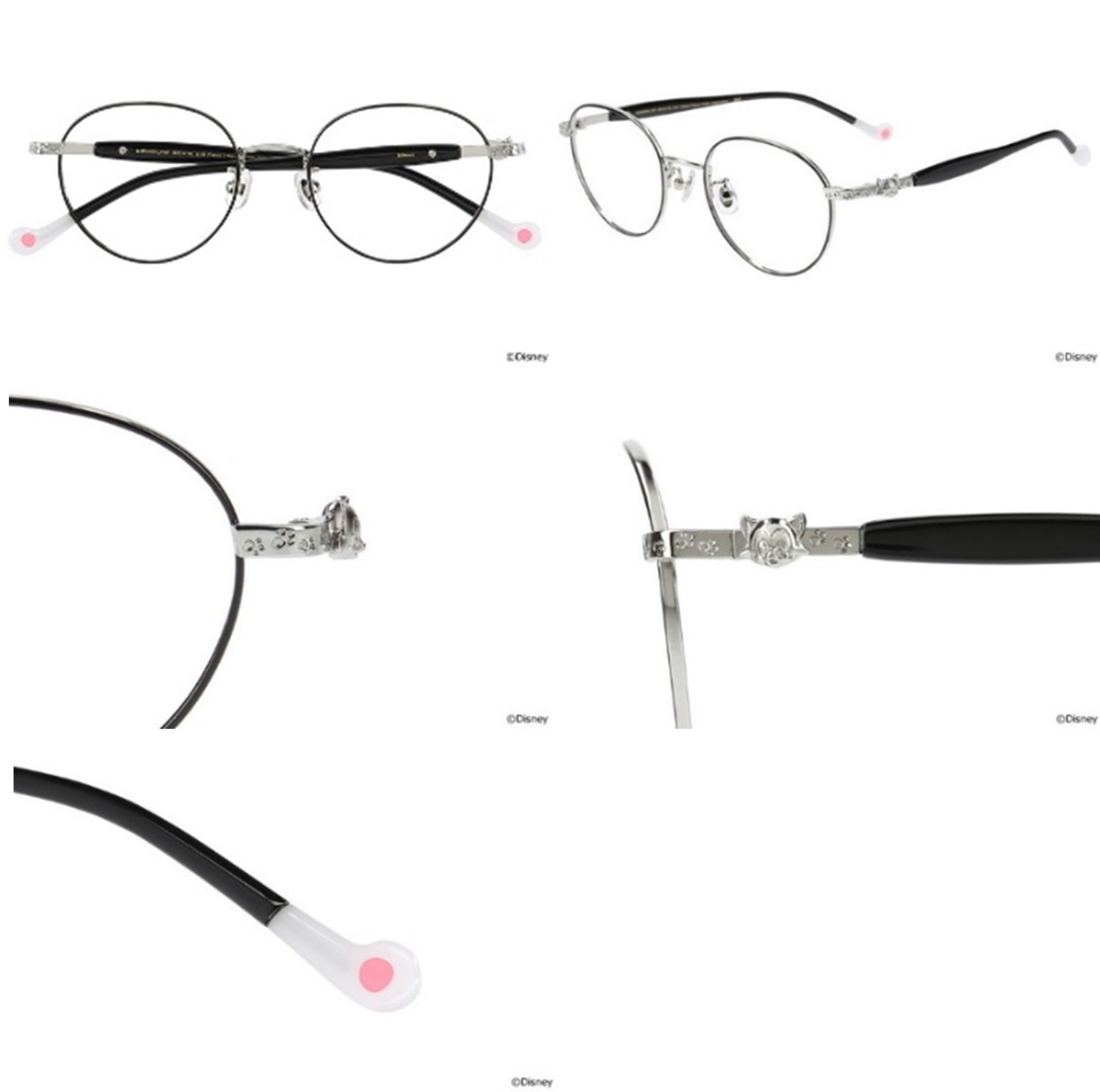 テンプルサイドにはフィガロの顔型のメタルパーツと足跡をデザイン。フィガロの足跡は、ファンからのアイデアで、まるで歩いているかのようにジグザグに配置しました。テンプル先の内側にほどこした肉球デザインはファンにも好評です。