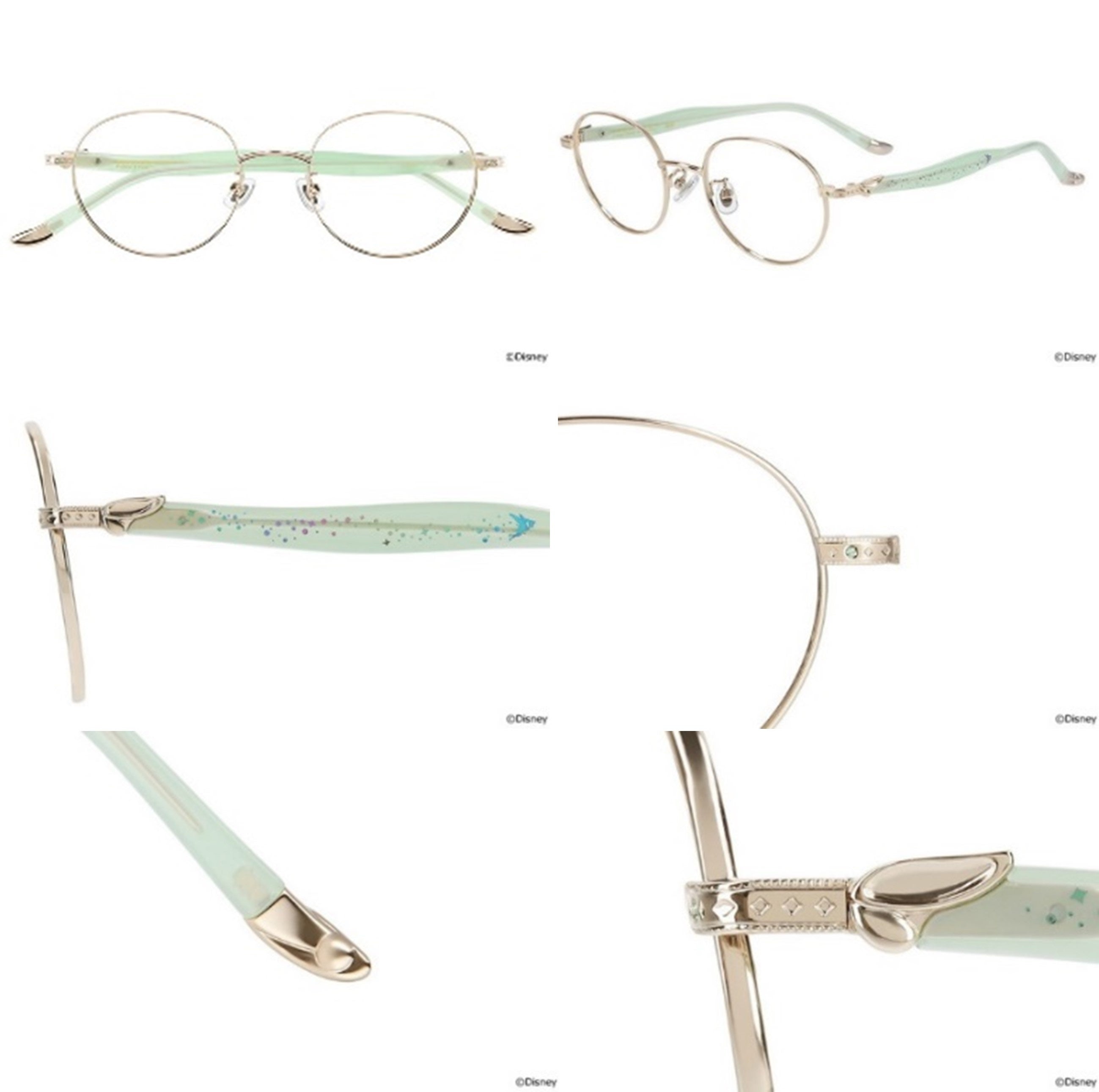 流線形のテンプルには、妖精の羽からきらきらと金の粉をまきながら宙を舞うティンカー・ベルをイメージ。ファンからの熱いリクエストをデザインに反映しました。フロントにはティンカー・ベルをイメージの緑のラインストーン。