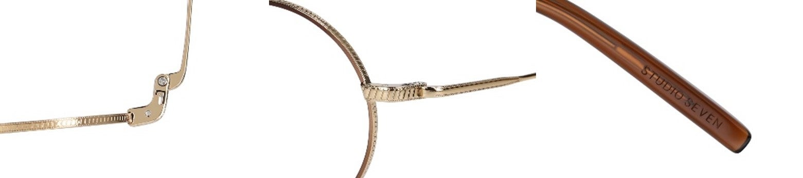 左：ヨロイ（リムとテンプルをつなぐ部分）上部には「7」の文字をデザイン　中央：リムとヨロイ（リムとテンプルをつなぐ部分）には「STUDIO SEVEN」ロゴの斜線を彫金で表現　右：ポイント03：テンプル（つる）の先のロゴは型押しで表現