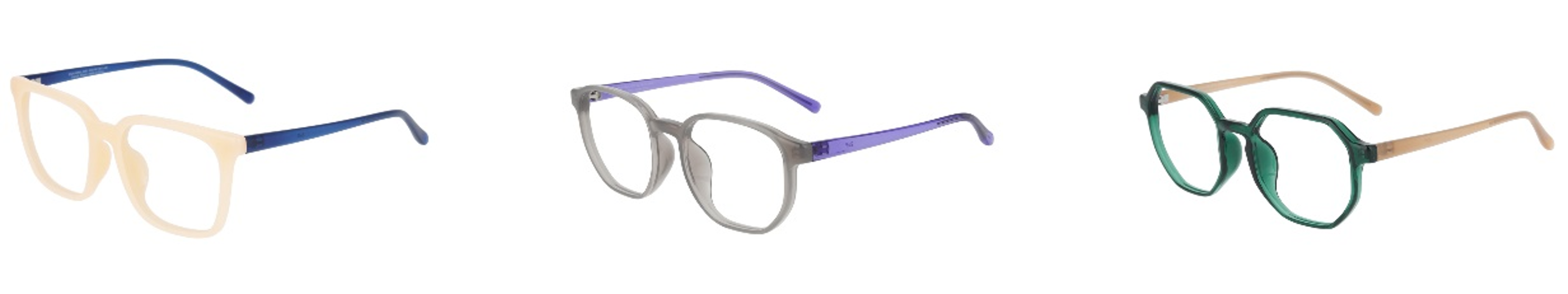 ▲視界が広く、小顔効果も期待できるサイズ感。華やかなバイカラーフレームやトレンドの多角形フレームなども多くラインアップ。商品画像左から：ZA241009_40E1, ZA241013_61A1, ZN241009_12C1