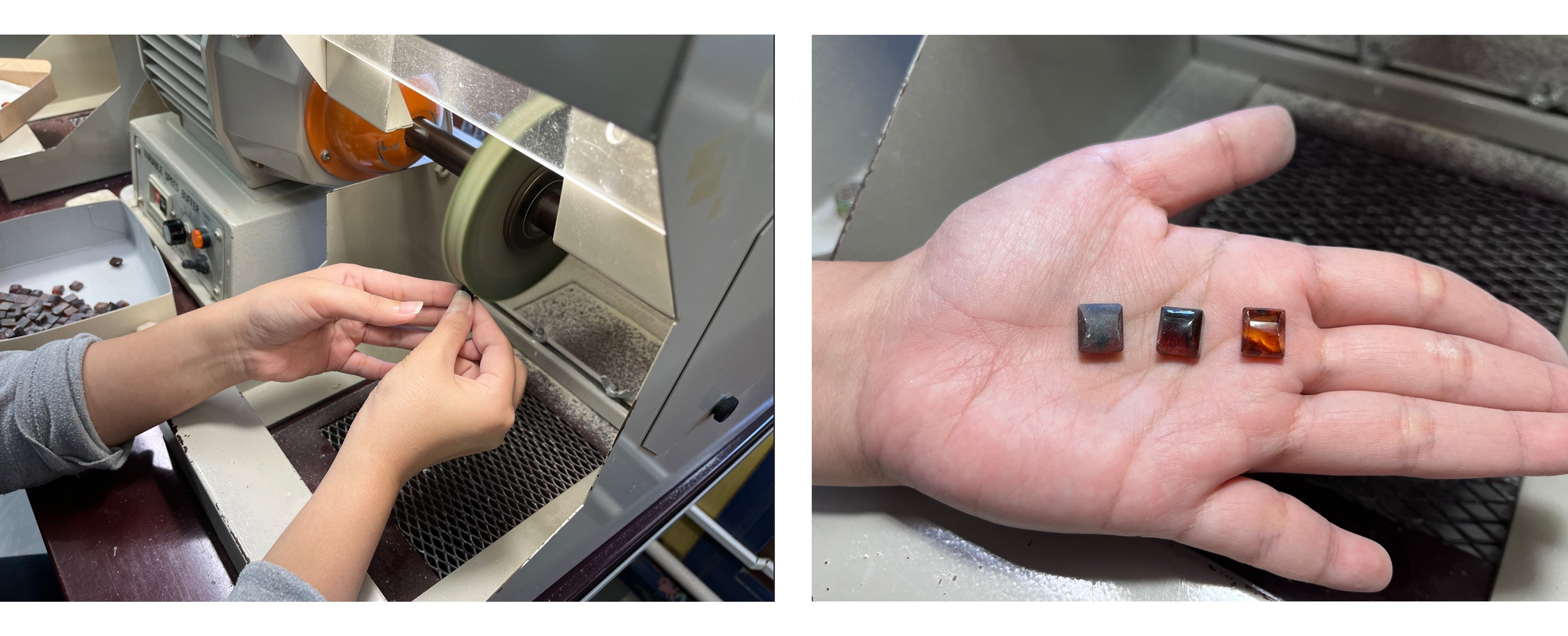 琥珀を磨いている様子（久慈琥珀博物館）　　　　　　　　磨かれた琥珀（久慈琥珀博物館）