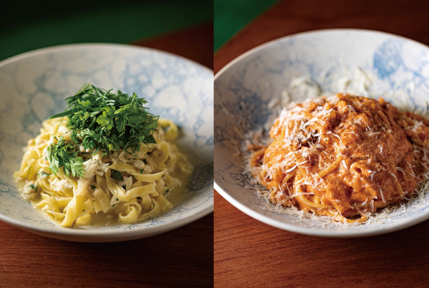 白身魚と帆立のレモンハーブソース　2,250円（税込）　　薪焼きベーコンのキタッラアラ・ブッテラ　1,760円（税込）